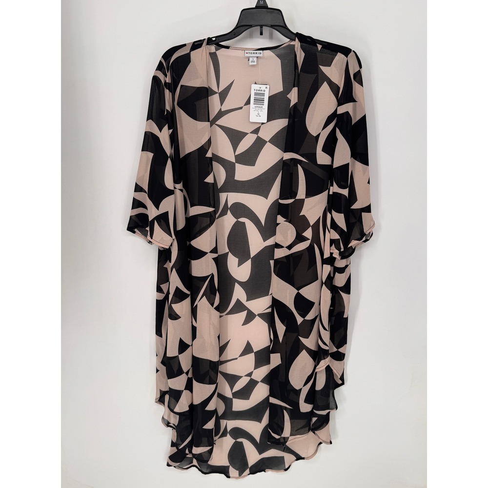 Torrid Kimono Women 1X Tan NWT Textured Chiffon Cali Geo Abstract Open Front